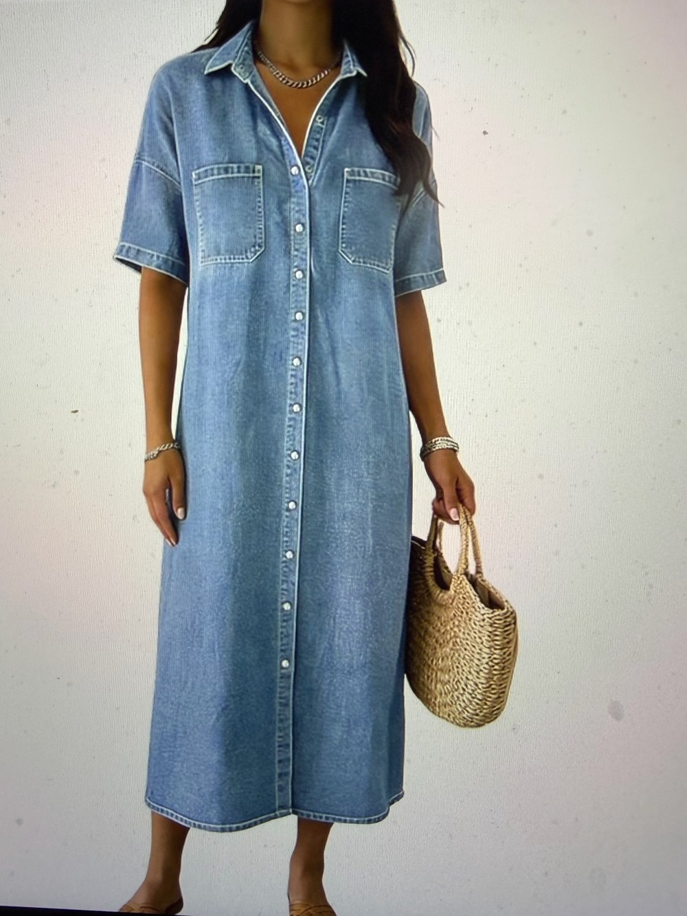 Denim Button-Down Midi Shirt Dress with Pockets - NWOT - Size S